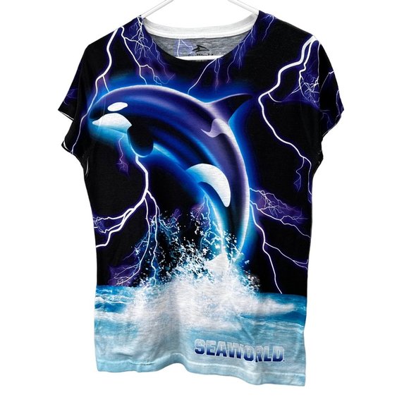 Seaworld Whale Print T Shirt L Women Sublimation All Over Blue Lightning Graphic - Picture 1 of 5